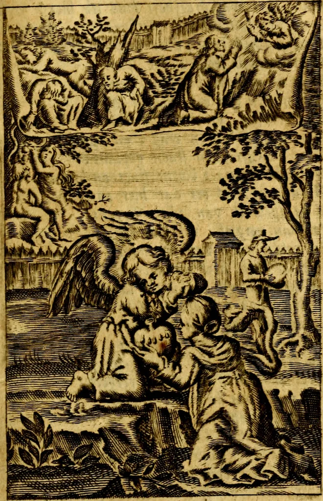 An illustration from Het duyfken in de steen-rotse; dat is, Eene mede-lydende ziele op de bittere passie Jesu Christi mediterende. Gemaekt door eenen Priester der Societeyt Jesu. 8. druck, rycker van stoffe, van beelden en van poësie, 1753, leaf 92