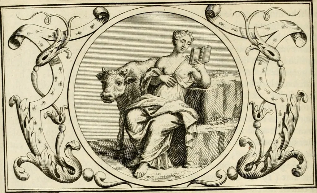 An illustration from Het groot natuur- en zedekundigh werelttoneel, of, Woordenboek van meer dan 1200 aeloude Egiptische, Grieksche en Romeinsche zinnebeelden of beeldenspraek ... : op nieu uit de oirsprongklyke schriften van Cezar Ripa, Zaratino Kastellini, Piërius Valerianus, Horus Apollo en andere ... getrokken in eene alphabetische ordre gebragt, met uitvoerige aenmerkingen en ophelderingen ... door een' ervaren taelen outheitkundigen, hebende voor het overige de uitmuntende dichter, Hubert Korneliszoon Poot dit werk ten opzichte van den text ... in klaer en zuiver Nederduitsch overgeschreven, en achte verscheide zinnebeelden dichtkundige toepassingen gestelt ; met fraeje kunstplaten versiert .., 1743, leaf 109