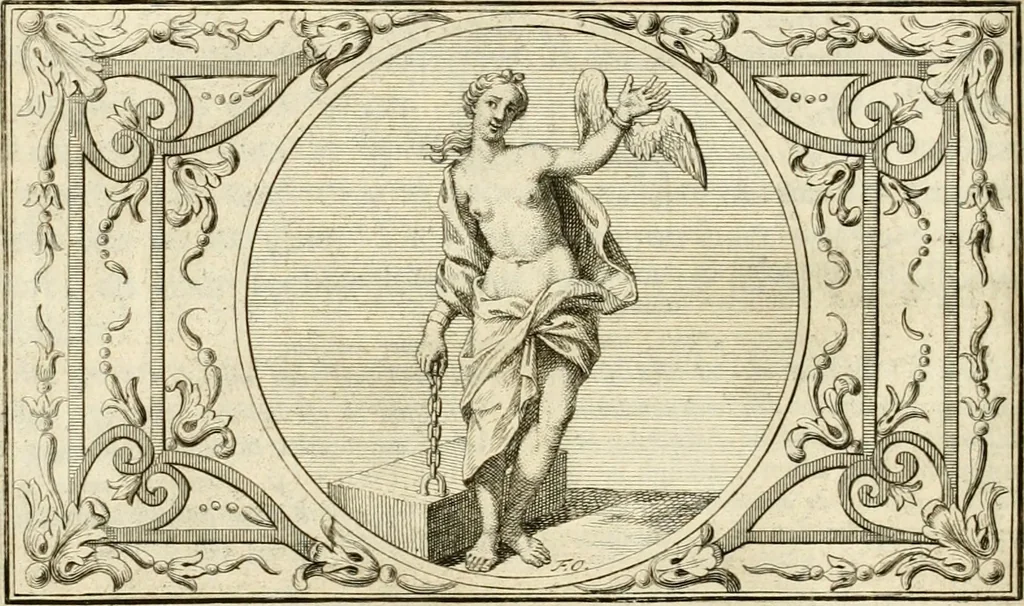 An illustration from Het groot natuur- en zedekundigh werelttoneel, of, Woordenboek van meer dan 1200 aeloude Egiptische, Grieksche en Romeinsche zinnebeelden of beeldenspraek ... : op nieu uit de oirsprongklyke schriften van Cezar Ripa, Zaratino Kastellini, Piërius Valerianus, Horus Apollo en andere ... getrokken in eene alphabetische ordre gebragt, met uitvoerige aenmerkingen en ophelderingen ... door een' ervaren taelen outheitkundigen, hebende voor het overige de uitmuntende dichter, Hubert Korneliszoon Poot dit werk ten opzichte van den text ... in klaer en zuiver Nederduitsch overgeschreven, en achte verscheide zinnebeelden dichtkundige toepassingen gestelt ; met fraeje kunstplaten versiert .., 1743, leaf 117