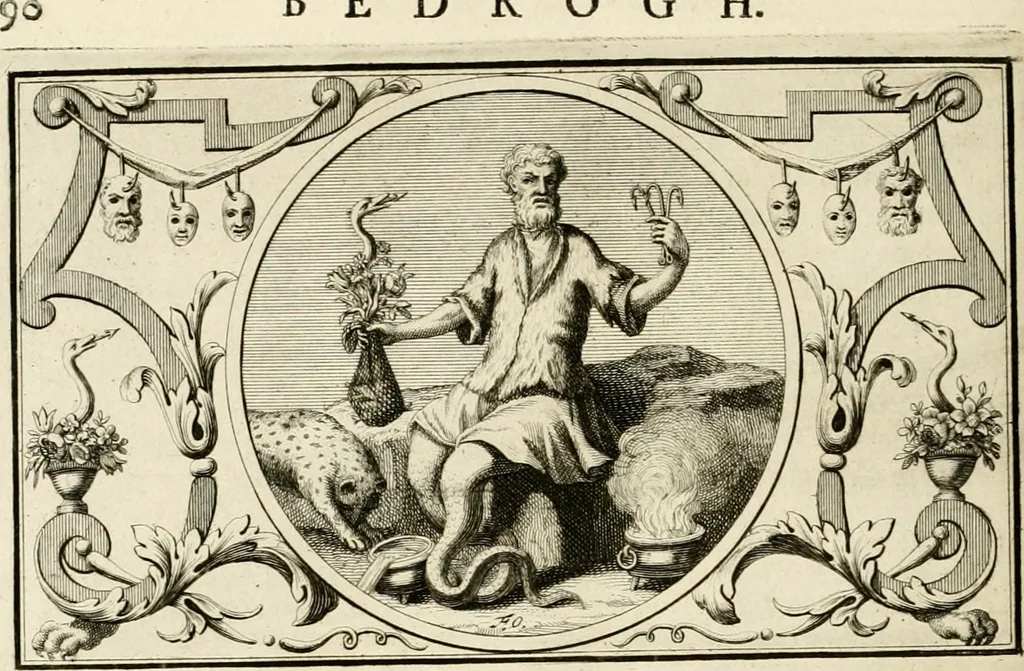An illustration from Het groot natuur- en zedekundigh werelttoneel, of, Woordenboek van meer dan 1200 aeloude Egiptische, Grieksche en Romeinsche zinnebeelden of beeldenspraek ... : op nieu uit de oirsprongklyke schriften van Cezar Ripa, Zaratino Kastellini, Piërius Valerianus, Horus Apollo en andere ... getrokken in eene alphabetische ordre gebragt, met uitvoerige aenmerkingen en ophelderingen ... door een' ervaren taelen outheitkundigen, hebende voor het overige de uitmuntende dichter, Hubert Korneliszoon Poot dit werk ten opzichte van den text ... in klaer en zuiver Nederduitsch overgeschreven, en achte verscheide zinnebeelden dichtkundige toepassingen gestelt ; met fraeje kunstplaten versiert .., 1743, leaf 127