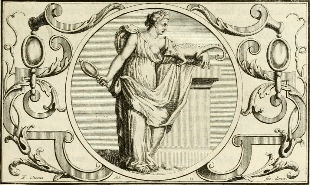 An illustration from Het groot natuur- en zedekundigh werelttoneel, of, Woordenboek van meer dan 1200 aeloude Egiptische, Grieksche en Romeinsche zinnebeelden of beeldenspraek ... : op nieu uit de oirsprongklyke schriften van Cezar Ripa, Zaratino Kastellini, Piërius Valerianus, Horus Apollo en andere ... getrokken in eene alphabetische ordre gebragt, met uitvoerige aenmerkingen en ophelderingen ... door een' ervaren taelen outheitkundigen, hebende voor het overige de uitmuntende dichter, Hubert Korneliszoon Poot dit werk ten opzichte van den text ... in klaer en zuiver Nederduitsch overgeschreven, en achte verscheide zinnebeelden dichtkundige toepassingen gestelt ; met fraeje kunstplaten versiert .., 1743, leaf 136