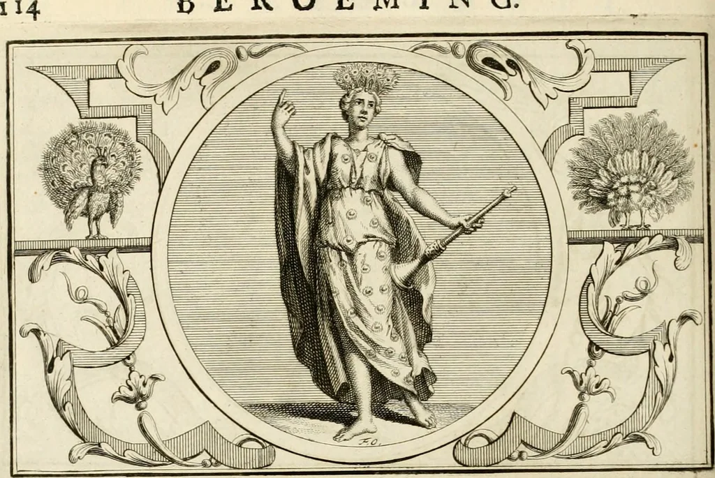 An illustration from Het groot natuur- en zedekundigh werelttoneel, of, Woordenboek van meer dan 1200 aeloude Egiptische, Grieksche en Romeinsche zinnebeelden of beeldenspraek ... : op nieu uit de oirsprongklyke schriften van Cezar Ripa, Zaratino Kastellini, Piërius Valerianus, Horus Apollo en andere ... getrokken in eene alphabetische ordre gebragt, met uitvoerige aenmerkingen en ophelderingen ... door een' ervaren taelen outheitkundigen, hebende voor het overige de uitmuntende dichter, Hubert Korneliszoon Poot dit werk ten opzichte van den text ... in klaer en zuiver Nederduitsch overgeschreven, en achte verscheide zinnebeelden dichtkundige toepassingen gestelt ; met fraeje kunstplaten versiert .., 1743, leaf 151
