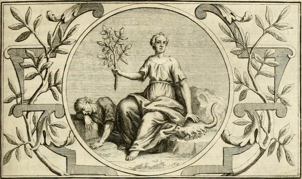 An illustration from Het groot natuur- en zedekundigh werelttoneel, of, Woordenboek van meer dan 1200 aeloude Egiptische, Grieksche en Romeinsche zinnebeelden of beeldenspraek ... : op nieu uit de oirsprongklyke schriften van Cezar Ripa, Zaratino Kastellini, Piërius Valerianus, Horus Apollo en andere ... getrokken in eene alphabetische ordre gebragt, met uitvoerige aenmerkingen en ophelderingen ... door een' ervaren taelen outheitkundigen, hebende voor het overige de uitmuntende dichter, Hubert Korneliszoon Poot dit werk ten opzichte van den text ... in klaer en zuiver Nederduitsch overgeschreven, en achte verscheide zinnebeelden dichtkundige toepassingen gestelt ; met fraeje kunstplaten versiert .., 1743, leaf 166