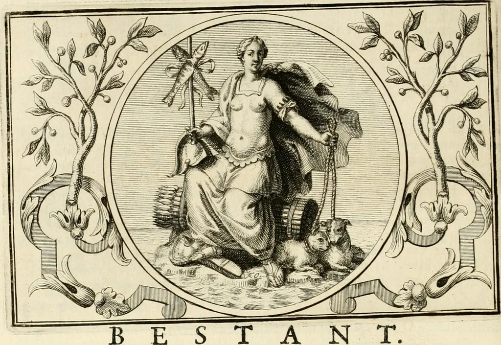 An illustration from Het groot natuur- en zedekundigh werelttoneel, of, Woordenboek van meer dan 1200 aeloude Egiptische, Grieksche en Romeinsche zinnebeelden of beeldenspraek ... : op nieu uit de oirsprongklyke schriften van Cezar Ripa, Zaratino Kastellini, Piërius Valerianus, Horus Apollo en andere ... getrokken in eene alphabetische ordre gebragt, met uitvoerige aenmerkingen en ophelderingen ... door een' ervaren taelen outheitkundigen, hebende voor het overige de uitmuntende dichter, Hubert Korneliszoon Poot dit werk ten opzichte van den text ... in klaer en zuiver Nederduitsch overgeschreven, en achte verscheide zinnebeelden dichtkundige toepassingen gestelt ; met fraeje kunstplaten versiert .., 1743, leaf 183