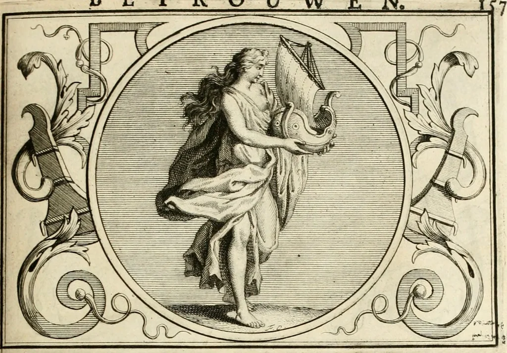 An illustration from Het groot natuur- en zedekundigh werelttoneel, of, Woordenboek van meer dan 1200 aeloude Egiptische, Grieksche en Romeinsche zinnebeelden of beeldenspraek ... : op nieu uit de oirsprongklyke schriften van Cezar Ripa, Zaratino Kastellini, Piërius Valerianus, Horus Apollo en andere ... getrokken in eene alphabetische ordre gebragt, met uitvoerige aenmerkingen en ophelderingen ... door een' ervaren taelen outheitkundigen, hebende voor het overige de uitmuntende dichter, Hubert Korneliszoon Poot dit werk ten opzichte van den text ... in klaer en zuiver Nederduitsch overgeschreven, en achte verscheide zinnebeelden dichtkundige toepassingen gestelt ; met fraeje kunstplaten versiert .., 1743, leaf 194