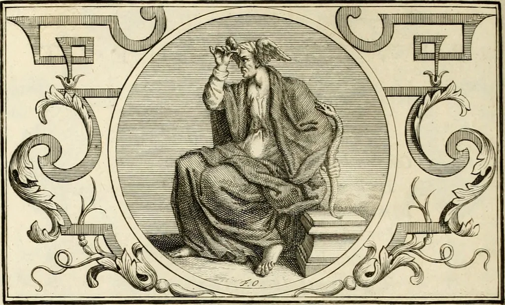 An illustration from Het groot natuur- en zedekundigh werelttoneel, of, Woordenboek van meer dan 1200 aeloude Egiptische, Grieksche en Romeinsche zinnebeelden of beeldenspraek ... : op nieu uit de oirsprongklyke schriften van Cezar Ripa, Zaratino Kastellini, Piërius Valerianus, Horus Apollo en andere ... getrokken in eene alphabetische ordre gebragt, met uitvoerige aenmerkingen en ophelderingen ... door een' ervaren taelen outheitkundigen, hebende voor het overige de uitmuntende dichter, Hubert Korneliszoon Poot dit werk ten opzichte van den text ... in klaer en zuiver Nederduitsch overgeschreven, en achte verscheide zinnebeelden dichtkundige toepassingen gestelt ; met fraeje kunstplaten versiert .., 1743, leaf 221