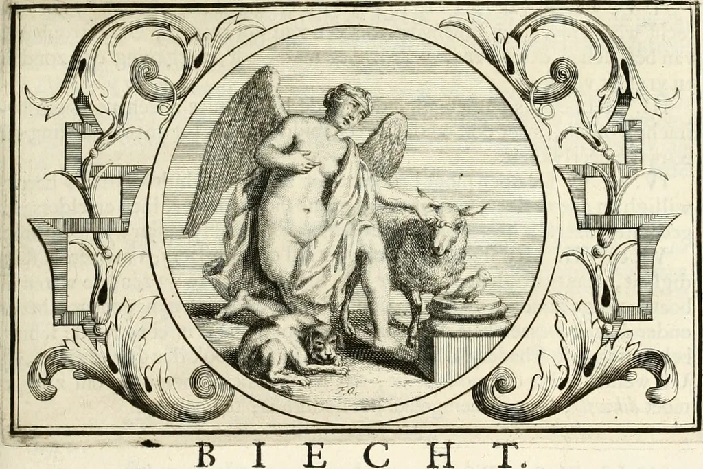 An illustration from Het groot natuur- en zedekundigh werelttoneel, of, Woordenboek van meer dan 1200 aeloude Egiptische, Grieksche en Romeinsche zinnebeelden of beeldenspraek ... : op nieu uit de oirsprongklyke schriften van Cezar Ripa, Zaratino Kastellini, Piërius Valerianus, Horus Apollo en andere ... getrokken in eene alphabetische ordre gebragt, met uitvoerige aenmerkingen en ophelderingen ... door een' ervaren taelen outheitkundigen, hebende voor het overige de uitmuntende dichter, Hubert Korneliszoon Poot dit werk ten opzichte van den text ... in klaer en zuiver Nederduitsch overgeschreven, en achte verscheide zinnebeelden dichtkundige toepassingen gestelt ; met fraeje kunstplaten versiert .., 1743, leaf 224