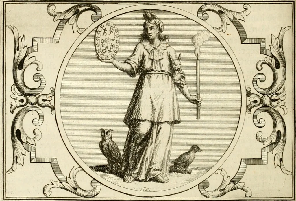 An illustration from Het groot natuur- en zedekundigh werelttoneel, of, Woordenboek van meer dan 1200 aeloude Egiptische, Grieksche en Romeinsche zinnebeelden of beeldenspraek ... : op nieu uit de oirsprongklyke schriften van Cezar Ripa, Zaratino Kastellini, Piërius Valerianus, Horus Apollo en andere ... getrokken in eene alphabetische ordre gebragt, met uitvoerige aenmerkingen en ophelderingen ... door een' ervaren taelen outheitkundigen, hebende voor het overige de uitmuntende dichter, Hubert Korneliszoon Poot dit werk ten opzichte van den text ... in klaer en zuiver Nederduitsch overgeschreven, en achte verscheide zinnebeelden dichtkundige toepassingen gestelt ; met fraeje kunstplaten versiert .., 1743, leaf 227