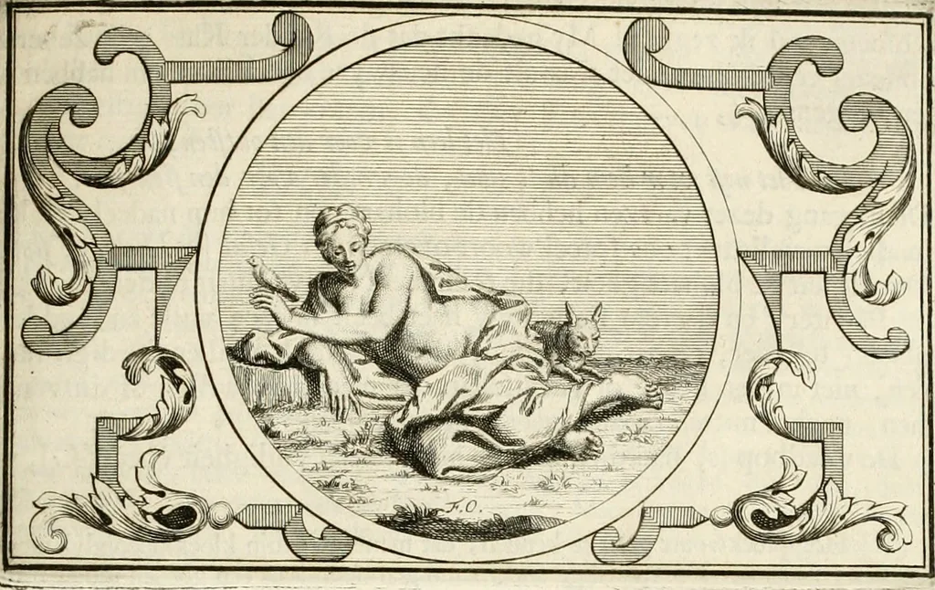 An illustration from Het groot natuur- en zedekundigh werelttoneel, of, Woordenboek van meer dan 1200 aeloude Egiptische, Grieksche en Romeinsche zinnebeelden of beeldenspraek ... : op nieu uit de oirsprongklyke schriften van Cezar Ripa, Zaratino Kastellini, Piërius Valerianus, Horus Apollo en andere ... getrokken in eene alphabetische ordre gebragt, met uitvoerige aenmerkingen en ophelderingen ... door een' ervaren taelen outheitkundigen, hebende voor het overige de uitmuntende dichter, Hubert Korneliszoon Poot dit werk ten opzichte van den text ... in klaer en zuiver Nederduitsch overgeschreven, en achte verscheide zinnebeelden dichtkundige toepassingen gestelt ; met fraeje kunstplaten versiert .., 1743, leaf 244