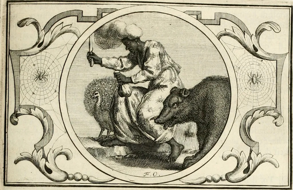An illustration from Het groot natuur- en zedekundigh werelttoneel, of, Woordenboek van meer dan 1200 aeloude Egiptische, Grieksche en Romeinsche zinnebeelden of beeldenspraek ... : op nieu uit de oirsprongklyke schriften van Cezar Ripa, Zaratino Kastellini, Piërius Valerianus, Horus Apollo en andere ... getrokken in eene alphabetische ordre gebragt, met uitvoerige aenmerkingen en ophelderingen ... door een' ervaren taelen outheitkundigen, hebende voor het overige de uitmuntende dichter, Hubert Korneliszoon Poot dit werk ten opzichte van den text ... in klaer en zuiver Nederduitsch overgeschreven, en achte verscheide zinnebeelden dichtkundige toepassingen gestelt ; met fraeje kunstplaten versiert .., 1743, leaf 250