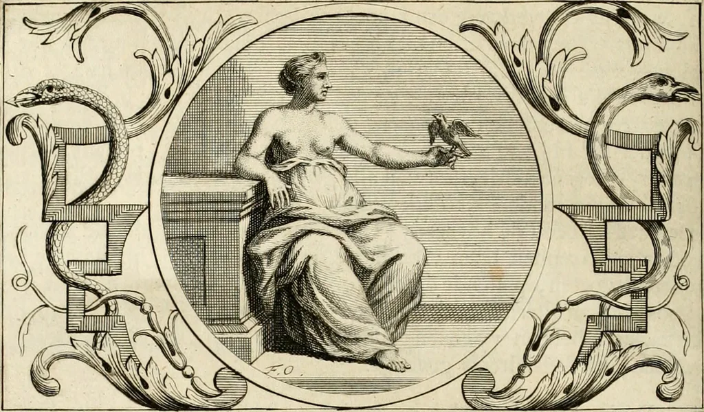 An illustration from Het groot natuur- en zedekundigh werelttoneel, of, Woordenboek van meer dan 1200 aeloude Egiptische, Grieksche en Romeinsche zinnebeelden of beeldenspraek ... : op nieu uit de oirsprongklyke schriften van Cezar Ripa, Zaratino Kastellini, Piërius Valerianus, Horus Apollo en andere ... getrokken in eene alphabetische ordre gebragt, met uitvoerige aenmerkingen en ophelderingen ... door een' ervaren taelen outheitkundigen, hebende voor het overige de uitmuntende dichter, Hubert Korneliszoon Poot dit werk ten opzichte van den text ... in klaer en zuiver Nederduitsch overgeschreven, en achte verscheide zinnebeelden dichtkundige toepassingen gestelt ; met fraeje kunstplaten versiert .., 1743, leaf 253