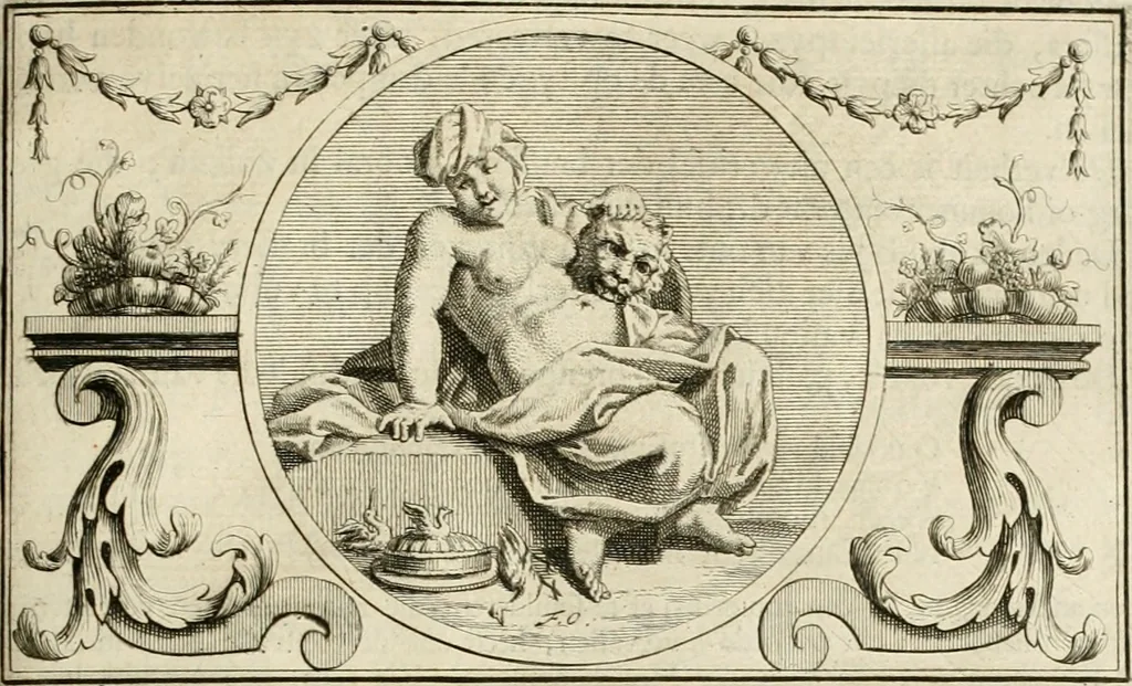 An illustration from Het groot natuur- en zedekundigh werelttoneel, of, Woordenboek van meer dan 1200 aeloude Egiptische, Grieksche en Romeinsche zinnebeelden of beeldenspraek ... : op nieu uit de oirsprongklyke schriften van Cezar Ripa, Zaratino Kastellini, Piërius Valerianus, Horus Apollo en andere ... getrokken in eene alphabetische ordre gebragt, met uitvoerige aenmerkingen en ophelderingen ... door een' ervaren taelen outheitkundigen, hebende voor het overige de uitmuntende dichter, Hubert Korneliszoon Poot dit werk ten opzichte van den text ... in klaer en zuiver Nederduitsch overgeschreven, en achte verscheide zinnebeelden dichtkundige toepassingen gestelt ; met fraeje kunstplaten versiert .., 1743, leaf 256