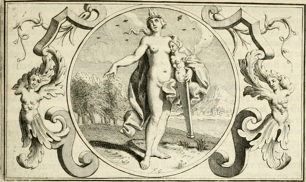 An illustration from Het groot natuur- en zedekundigh werelttoneel, of, Woordenboek van meer dan 1200 aeloude Egiptische, Grieksche en Romeinsche zinnebeelden of beeldenspraek ... : op nieu uit de oirsprongklyke schriften van Cezar Ripa, Zaratino Kastellini, Piërius Valerianus, Horus Apollo en andere ... getrokken in eene alphabetische ordre gebragt, met uitvoerige aenmerkingen en ophelderingen ... door een' ervaren taelen outheitkundigen, hebende voor het overige de uitmuntende dichter, Hubert Korneliszoon Poot dit werk ten opzichte van den text ... in klaer en zuiver Nederduitsch overgeschreven, en achte verscheide zinnebeelden dichtkundige toepassingen gestelt ; met fraeje kunstplaten versiert .., 1743, leaf 264