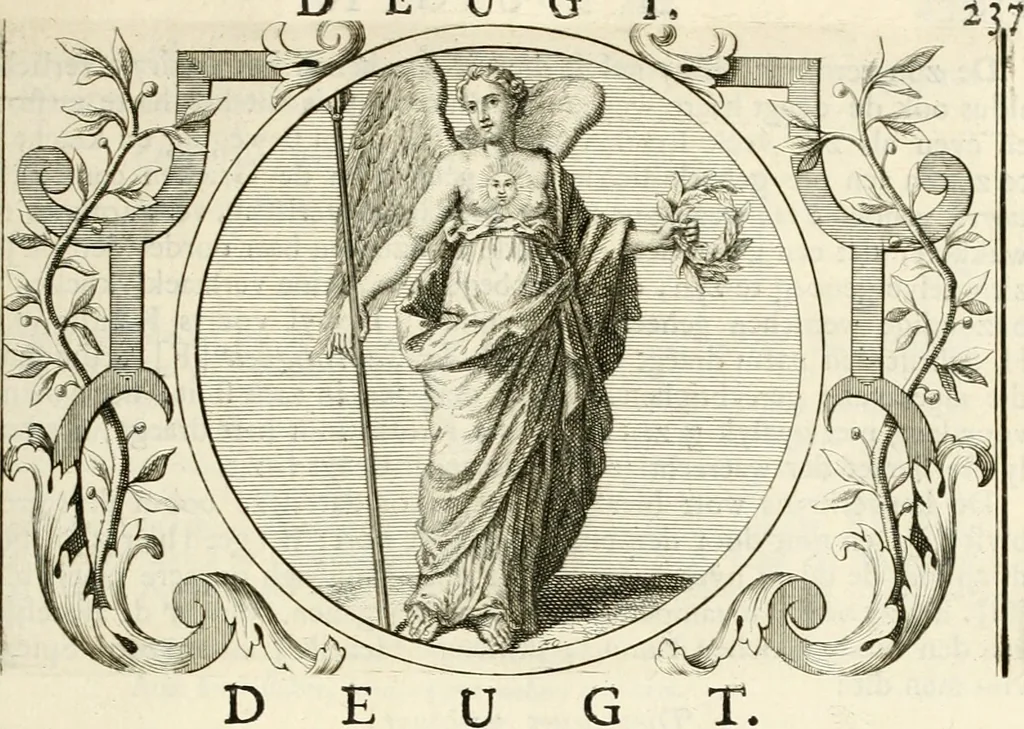An illustration from Het groot natuur- en zedekundigh werelttoneel, of, Woordenboek van meer dan 1200 aeloude Egiptische, Grieksche en Romeinsche zinnebeelden of beeldenspraek ... : op nieu uit de oirsprongklyke schriften van Cezar Ripa, Zaratino Kastellini, Piërius Valerianus, Horus Apollo en andere ... getrokken in eene alphabetische ordre gebragt, met uitvoerige aenmerkingen en ophelderingen ... door een' ervaren taelen outheitkundigen, hebende voor het overige de uitmuntende dichter, Hubert Korneliszoon Poot dit werk ten opzichte van den text ... in klaer en zuiver Nederduitsch overgeschreven, en achte verscheide zinnebeelden dichtkundige toepassingen gestelt ; met fraeje kunstplaten versiert .., 1743, leaf 274