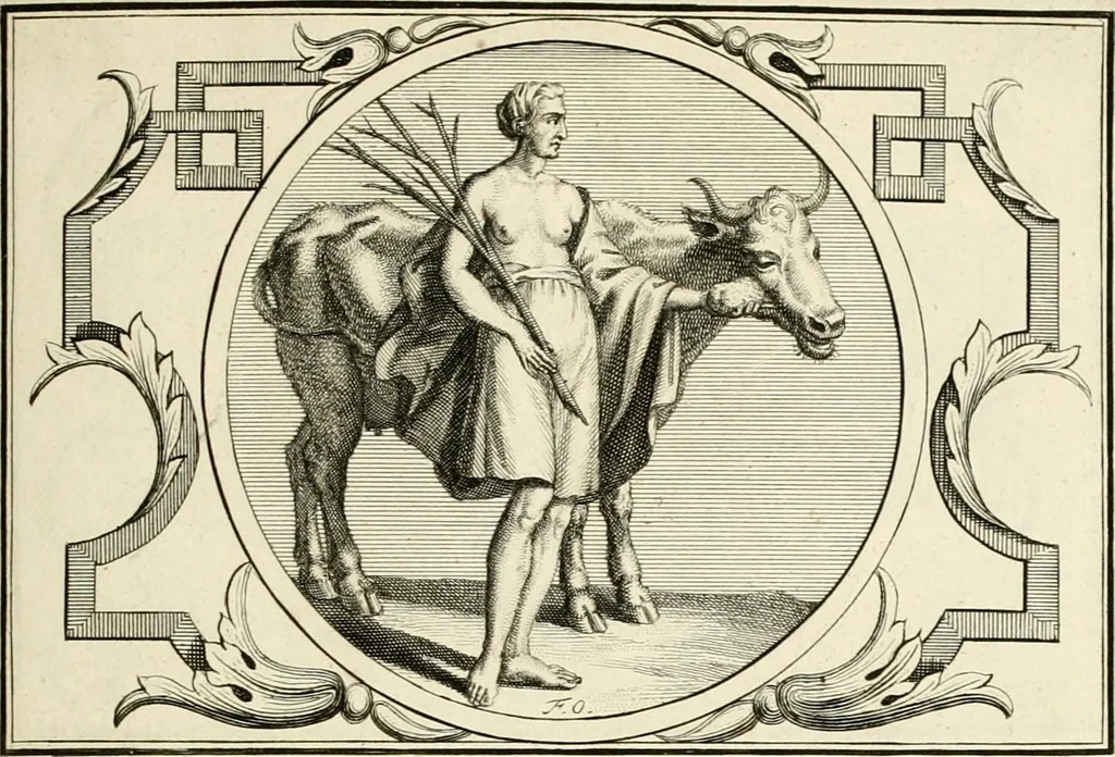 An illustration from Het groot natuur- en zedekundigh werelttoneel, of, Woordenboek van meer dan 1200 aeloude Egiptische, Grieksche en Romeinsche zinnebeelden of beeldenspraek ... : op nieu uit de oirsprongklyke schriften van Cezar Ripa, Zaratino Kastellini, Piërius Valerianus, Horus Apollo en andere ... getrokken in eene alphabetische ordre gebragt, met uitvoerige aenmerkingen en ophelderingen ... door een' ervaren taelen outheitkundigen, hebende voor het overige de uitmuntende dichter, Hubert Korneliszoon Poot dit werk ten opzichte van den text ... in klaer en zuiver Nederduitsch overgeschreven, en achte verscheide zinnebeelden dichtkundige toepassingen gestelt ; met fraeje kunstplaten versiert .., 1743, leaf 288
