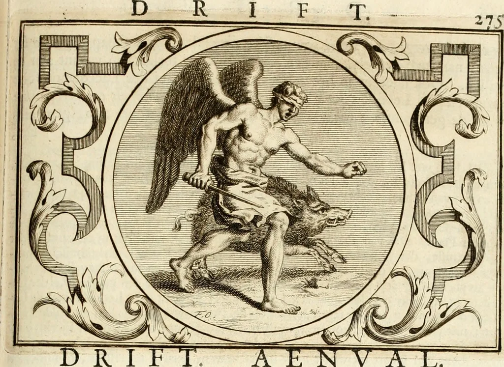 An illustration from Het groot natuur- en zedekundigh werelttoneel, of, Woordenboek van meer dan 1200 aeloude Egiptische, Grieksche en Romeinsche zinnebeelden of beeldenspraek ... : op nieu uit de oirsprongklyke schriften van Cezar Ripa, Zaratino Kastellini, Piërius Valerianus, Horus Apollo en andere ... getrokken in eene alphabetische ordre gebragt, met uitvoerige aenmerkingen en ophelderingen ... door een' ervaren taelen outheitkundigen, hebende voor het overige de uitmuntende dichter, Hubert Korneliszoon Poot dit werk ten opzichte van den text ... in klaer en zuiver Nederduitsch overgeschreven, en achte verscheide zinnebeelden dichtkundige toepassingen gestelt ; met fraeje kunstplaten versiert .., 1743, leaf 312