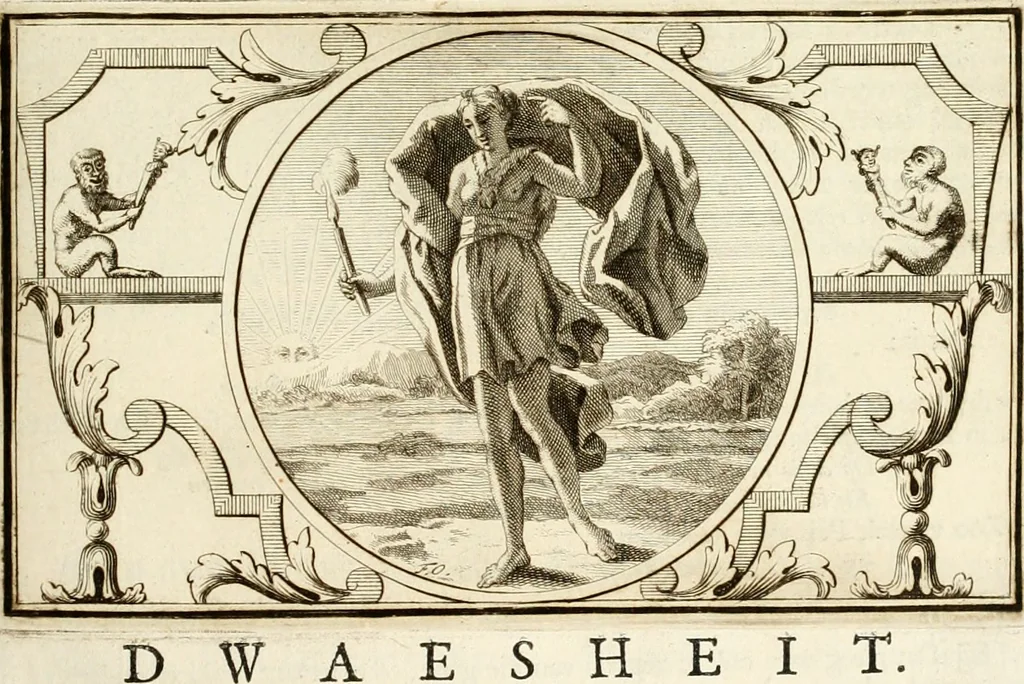 An illustration from Het groot natuur- en zedekundigh werelttoneel, of, Woordenboek van meer dan 1200 aeloude Egiptische, Grieksche en Romeinsche zinnebeelden of beeldenspraek ... : op nieu uit de oirsprongklyke schriften van Cezar Ripa, Zaratino Kastellini, Piërius Valerianus, Horus Apollo en andere ... getrokken in eene alphabetische ordre gebragt, met uitvoerige aenmerkingen en ophelderingen ... door een' ervaren taelen outheitkundigen, hebende voor het overige de uitmuntende dichter, Hubert Korneliszoon Poot dit werk ten opzichte van den text ... in klaer en zuiver Nederduitsch overgeschreven, en achte verscheide zinnebeelden dichtkundige toepassingen gestelt ; met fraeje kunstplaten versiert .., 1743, leaf 330