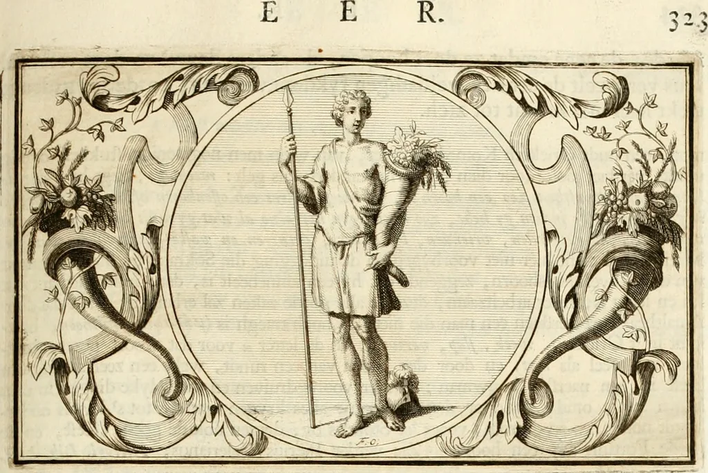 An illustration from Het groot natuur- en zedekundigh werelttoneel, of, Woordenboek van meer dan 1200 aeloude Egiptische, Grieksche en Romeinsche zinnebeelden of beeldenspraek ... : op nieu uit de oirsprongklyke schriften van Cezar Ripa, Zaratino Kastellini, Piërius Valerianus, Horus Apollo en andere ... getrokken in eene alphabetische ordre gebragt, met uitvoerige aenmerkingen en ophelderingen ... door een' ervaren taelen outheitkundigen, hebende voor het overige de uitmuntende dichter, Hubert Korneliszoon Poot dit werk ten opzichte van den text ... in klaer en zuiver Nederduitsch overgeschreven, en achte verscheide zinnebeelden dichtkundige toepassingen gestelt ; met fraeje kunstplaten versiert .., 1743, leaf 360