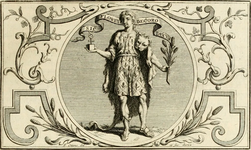 An illustration from Het groot natuur- en zedekundigh werelttoneel, of, Woordenboek van meer dan 1200 aeloude Egiptische, Grieksche en Romeinsche zinnebeelden of beeldenspraek ... : op nieu uit de oirsprongklyke schriften van Cezar Ripa, Zaratino Kastellini, Piërius Valerianus, Horus Apollo en andere ... getrokken in eene alphabetische ordre gebragt, met uitvoerige aenmerkingen en ophelderingen ... door een' ervaren taelen outheitkundigen, hebende voor het overige de uitmuntende dichter, Hubert Korneliszoon Poot dit werk ten opzichte van den text ... in klaer en zuiver Nederduitsch overgeschreven, en achte verscheide zinnebeelden dichtkundige toepassingen gestelt ; met fraeje kunstplaten versiert .., 1743, leaf 38