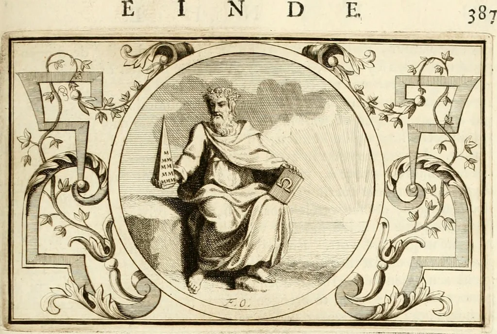 An illustration from Het groot natuur- en zedekundigh werelttoneel, of, Woordenboek van meer dan 1200 aeloude Egiptische, Grieksche en Romeinsche zinnebeelden of beeldenspraek ... : op nieu uit de oirsprongklyke schriften van Cezar Ripa, Zaratino Kastellini, Piërius Valerianus, Horus Apollo en andere ... getrokken in eene alphabetische ordre gebragt, met uitvoerige aenmerkingen en ophelderingen ... door een' ervaren taelen outheitkundigen, hebende voor het overige de uitmuntende dichter, Hubert Korneliszoon Poot dit werk ten opzichte van den text ... in klaer en zuiver Nederduitsch overgeschreven, en achte verscheide zinnebeelden dichtkundige toepassingen gestelt ; met fraeje kunstplaten versiert .., 1743, leaf 424