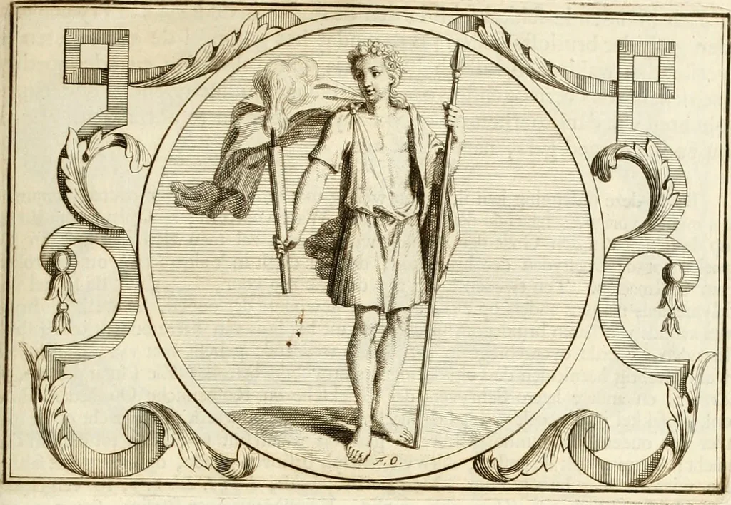 An illustration from Het groot natuur- en zedekundigh werelttoneel, of, Woordenboek van meer dan 1200 aeloude Egiptische, Grieksche en Romeinsche zinnebeelden of beeldenspraek ... : op nieu uit de oirsprongklyke schriften van Cezar Ripa, Zaratino Kastellini, Piërius Valerianus, Horus Apollo en andere ... getrokken in eene alphabetische ordre gebragt, met uitvoerige aenmerkingen en ophelderingen ... door een' ervaren taelen outheitkundigen, hebende voor het overige de uitmuntende dichter, Hubert Korneliszoon Poot dit werk ten opzichte van den text ... in klaer en zuiver Nederduitsch overgeschreven, en achte verscheide zinnebeelden dichtkundige toepassingen gestelt ; met fraeje kunstplaten versiert .., 1743, leaf 442