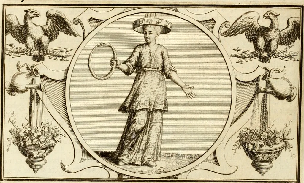 An illustration from Het groot natuur- en zedekundigh werelttoneel, of, Woordenboek van meer dan 1200 aeloude Egiptische, Grieksche en Romeinsche zinnebeelden of beeldenspraek ... : op nieu uit de oirsprongklyke schriften van Cezar Ripa, Zaratino Kastellini, Piërius Valerianus, Horus Apollo en andere ... getrokken in eene alphabetische ordre gebragt, met uitvoerige aenmerkingen en ophelderingen ... door een' ervaren taelen outheitkundigen, hebende voor het overige de uitmuntende dichter, Hubert Korneliszoon Poot dit werk ten opzichte van den text ... in klaer en zuiver Nederduitsch overgeschreven, en achte verscheide zinnebeelden dichtkundige toepassingen gestelt ; met fraeje kunstplaten versiert .., 1743, leaf 453