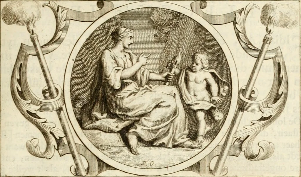 An illustration from Het groot natuur- en zedekundigh werelttoneel, of, Woordenboek van meer dan 1200 aeloude Egiptische, Grieksche en Romeinsche zinnebeelden of beeldenspraek ... : op nieu uit de oirsprongklyke schriften van Cezar Ripa, Zaratino Kastellini, Piërius Valerianus, Horus Apollo en andere ... getrokken in eene alphabetische ordre gebragt, met uitvoerige aenmerkingen en ophelderingen ... door een' ervaren taelen outheitkundigen, hebende voor het overige de uitmuntende dichter, Hubert Korneliszoon Poot dit werk ten opzichte van den text ... in klaer en zuiver Nederduitsch overgeschreven, en achte verscheide zinnebeelden dichtkundige toepassingen gestelt ; met fraeje kunstplaten versiert .., 1743, leaf 476