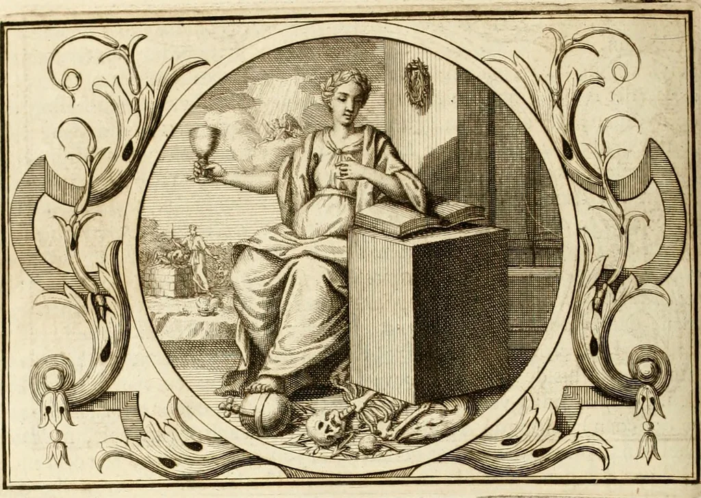 An illustration from Het groot natuur- en zedekundigh werelttoneel, of, Woordenboek van meer dan 1200 aeloude Egiptische, Grieksche en Romeinsche zinnebeelden of beeldenspraek ... : op nieu uit de oirsprongklyke schriften van Cezar Ripa, Zaratino Kastellini, Piërius Valerianus, Horus Apollo en andere ... getrokken in eene alphabetische ordre gebragt, met uitvoerige aenmerkingen en ophelderingen ... door een' ervaren taelen outheitkundigen, hebende voor het overige de uitmuntende dichter, Hubert Korneliszoon Poot dit werk ten opzichte van den text ... in klaer en zuiver Nederduitsch overgeschreven, en achte verscheide zinnebeelden dichtkundige toepassingen gestelt ; met fraeje kunstplaten versiert .., 1743, leaf 487