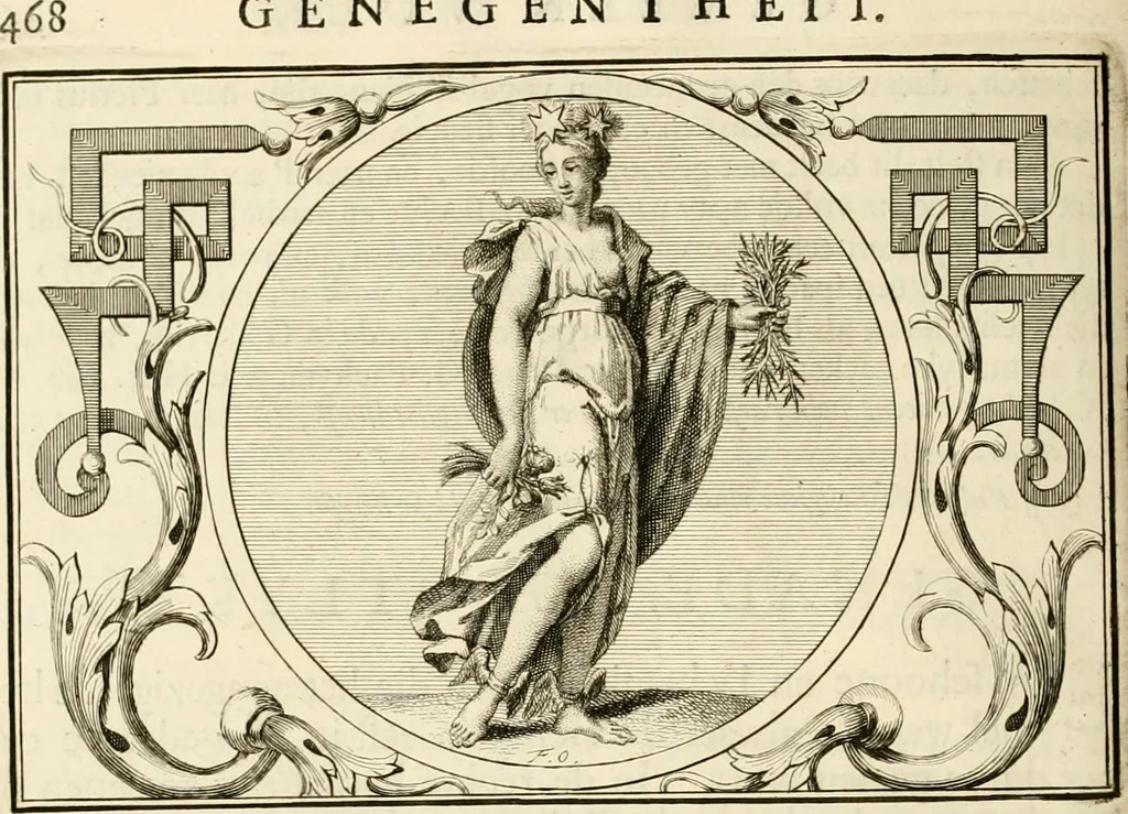 An illustration from Het groot natuur- en zedekundigh werelttoneel, of, Woordenboek van meer dan 1200 aeloude Egiptische, Grieksche en Romeinsche zinnebeelden of beeldenspraek ... : op nieu uit de oirsprongklyke schriften van Cezar Ripa, Zaratino Kastellini, Piërius Valerianus, Horus Apollo en andere ... getrokken in eene alphabetische ordre gebragt, met uitvoerige aenmerkingen en ophelderingen ... door een' ervaren taelen outheitkundigen, hebende voor het overige de uitmuntende dichter, Hubert Korneliszoon Poot dit werk ten opzichte van den text ... in klaer en zuiver Nederduitsch overgeschreven, en achte verscheide zinnebeelden dichtkundige toepassingen gestelt ; met fraeje kunstplaten versiert .., 1743, leaf 503