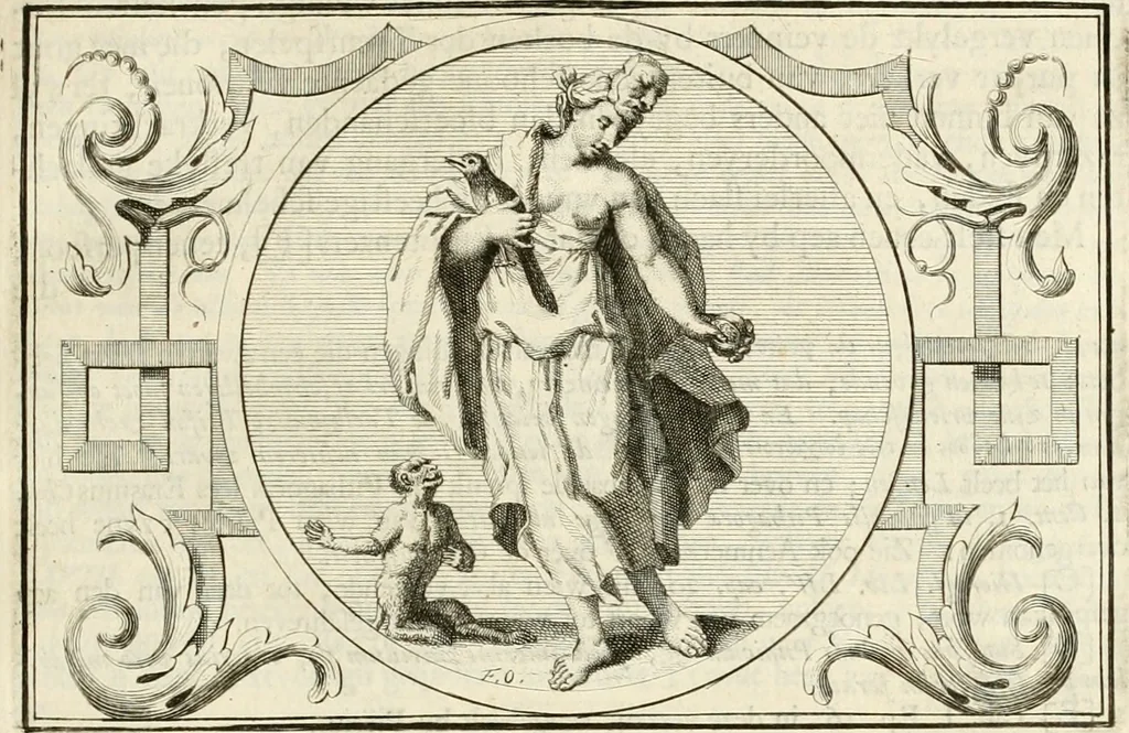 An illustration from Het groot natuur- en zedekundigh werelttoneel, of, Woordenboek van meer dan 1200 aeloude Egiptische, Grieksche en Romeinsche zinnebeelden of beeldenspraek ... : op nieu uit de oirsprongklyke schriften van Cezar Ripa, Zaratino Kastellini, Piërius Valerianus, Horus Apollo en andere ... getrokken in eene alphabetische ordre gebragt, met uitvoerige aenmerkingen en ophelderingen ... door een' ervaren taelen outheitkundigen, hebende voor het overige de uitmuntende dichter, Hubert Korneliszoon Poot dit werk ten opzichte van den text ... in klaer en zuiver Nederduitsch overgeschreven, en achte verscheide zinnebeelden dichtkundige toepassingen gestelt ; met fraeje kunstplaten versiert .., 1743, leaf 518
