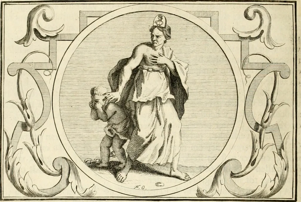 An illustration from Het groot natuur- en zedekundigh werelttoneel, of, Woordenboek van meer dan 1200 aeloude Egiptische, Grieksche en Romeinsche zinnebeelden of beeldenspraek ... : op nieu uit de oirsprongklyke schriften van Cezar Ripa, Zaratino Kastellini, Piërius Valerianus, Horus Apollo en andere ... getrokken in eene alphabetische ordre gebragt, met uitvoerige aenmerkingen en ophelderingen ... door een' ervaren taelen outheitkundigen, hebende voor het overige de uitmuntende dichter, Hubert Korneliszoon Poot dit werk ten opzichte van den text ... in klaer en zuiver Nederduitsch overgeschreven, en achte verscheide zinnebeelden dichtkundige toepassingen gestelt ; met fraeje kunstplaten versiert .., 1743, leaf 535