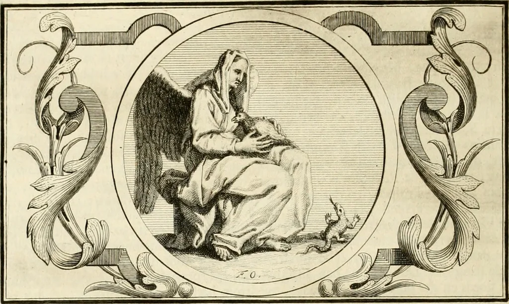 An illustration from Het groot natuur- en zedekundigh werelttoneel, of, Woordenboek van meer dan 1200 aeloude Egiptische, Grieksche en Romeinsche zinnebeelden of beeldenspraek ... : op nieu uit de oirsprongklyke schriften van Cezar Ripa, Zaratino Kastellini, Piërius Valerianus, Horus Apollo en andere ... getrokken in eene alphabetische ordre gebragt, met uitvoerige aenmerkingen en ophelderingen ... door een' ervaren taelen outheitkundigen, hebende voor het overige de uitmuntende dichter, Hubert Korneliszoon Poot dit werk ten opzichte van den text ... in klaer en zuiver Nederduitsch overgeschreven, en achte verscheide zinnebeelden dichtkundige toepassingen gestelt ; met fraeje kunstplaten versiert .., 1743, leaf 581