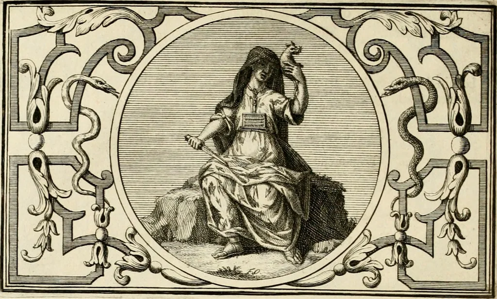 An illustration from Het groot natuur- en zedekundigh werelttoneel, of, Woordenboek van meer dan 1200 aeloude Egiptische, Grieksche en Romeinsche zinnebeelden of beeldenspraek ... : op nieu uit de oirsprongklyke schriften van Cezar Ripa, Zaratino Kastellini, Piërius Valerianus, Horus Apollo en andere ... getrokken in eene alphabetische ordre gebragt, met uitvoerige aenmerkingen en ophelderingen ... door een' ervaren taelen outheitkundigen, hebende voor het overige de uitmuntende dichter, Hubert Korneliszoon Poot dit werk ten opzichte van den text ... in klaer en zuiver Nederduitsch overgeschreven, en achte verscheide zinnebeelden dichtkundige toepassingen gestelt ; met fraeje kunstplaten versiert .., 1743, leaf 61