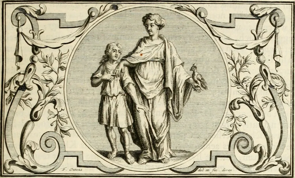 An illustration from Het groot natuur- en zedekundigh werelttoneel, of, Woordenboek van meer dan 1200 aeloude Egiptische, Grieksche en Romeinsche zinnebeelden of beeldenspraek ... : op nieu uit de oirsprongklyke schriften van Cezar Ripa, Zaratino Kastellini, Piërius Valerianus, Horus Apollo en andere ... getrokken in eene alphabetische ordre gebragt, met uitvoerige aenmerkingen en ophelderingen ... door een' ervaren taelen outheitkundigen, hebende voor het overige de uitmuntende dichter, Hubert Korneliszoon Poot dit werk ten opzichte van den text ... in klaer en zuiver Nederduitsch overgeschreven, en achte verscheide zinnebeelden dichtkundige toepassingen gestelt ; met fraeje kunstplaten versiert .., 1743, leaf 66