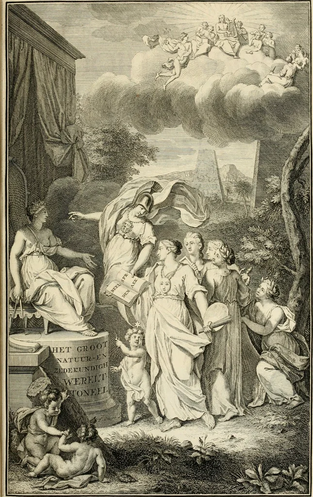 An illustration from Het groot natuur- en zedekundigh werelttoneel, of, Woordenboek van meer dan 1200 aeloude Egiptische, Grieksche en Romeinsche zinnebeelden of beeldenspraek ... : op nieu uit de oirsprongklyke schriften van Cezar Ripa, Zaratino Kastellini, Piërius Valerianus, Horus Apollo en andere ... getrokken in eene alphabetische ordre gebragt, met uitvoerige aenmerkingen en ophelderingen ... door een' ervaren taelen outheitkundigen, hebende voor het overige de uitmuntende dichter, Hubert Korneliszoon Poot dit werk ten opzichte van den text ... in klaer en zuiver Nederduitsch overgeschreven, en achte verscheide zinnebeelden dichtkundige toepassingen gestelt ; met fraeje kunstplaten versiert .., 1743, leaf 8