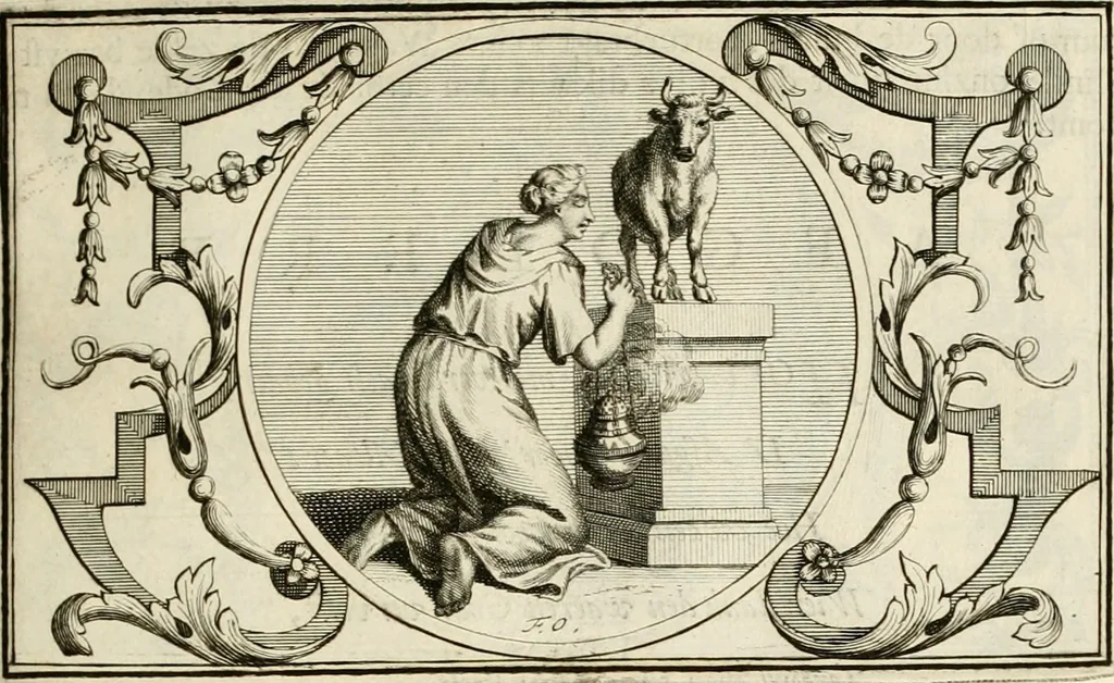 An illustration from Het groot natuur- en zedekundigh werelttoneel, of, Woordenboek van meer dan 1200 aeloude Egiptische, Grieksche en Romeinsche zinnebeelden of beeldenspraek ... : op nieu uit de oirsprongklyke schriften van Cezar Ripa, Zaratino Kastellini, Piërius Valerianus, Horus Apollo en andere ... getrokken in eene alphabetische ordre gebragt, met uitvoerige aenmerkingen en ophelderingen ... door een' ervaren taelen outheitkundigen, hebende voor het overige de uitmuntende dichter, Hubert Korneliszoon Poot dit werk ten opzichte van den text ... in klaer en zuiver Nederduitsch overgeschreven, en achte verscheide zinnebeelden dichtkundige toepassingen gestelt ; met fraeje kunstplaten versiert .., 1743, leaf 80