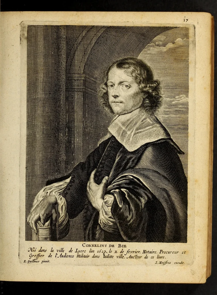 An illustration from Het gulden cabinet van de edele vry schilder-const : ontsloten door den lanck ghewenschten vrede tusschen de twee machtighe croonen van Spaignien en Vrancryck : waer-inne begrepen is den ontsterffe-lijcken loff vande vermaerste constiminnende geesten ende schilders van dese eeuw, hier inne meest naer het leven af-gebeldt, verciert met veel vermakelijcke rijmen ende spreucken, 1662, leaf 25
