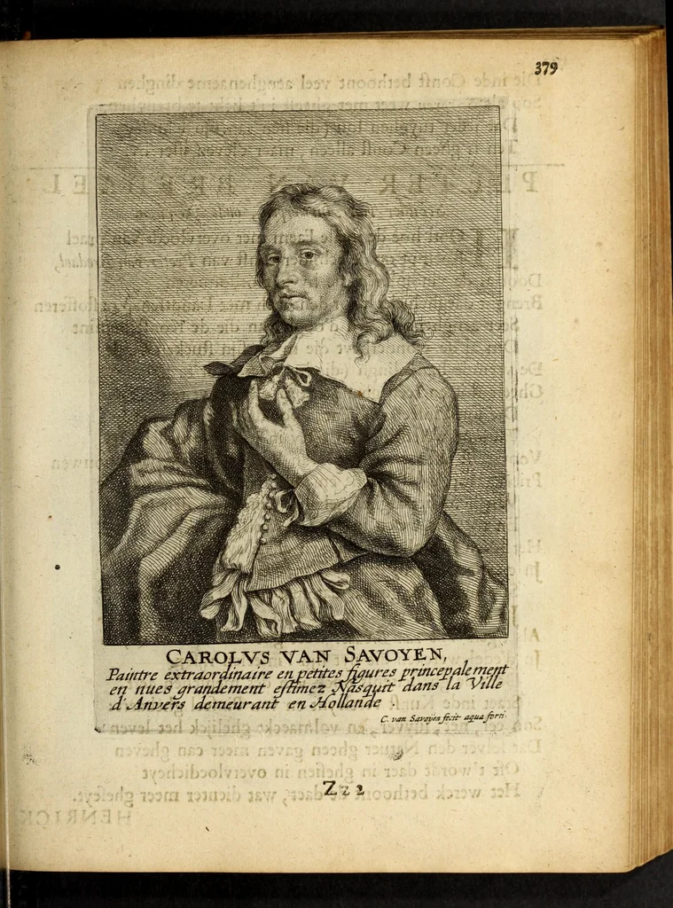 An illustration from Het gulden cabinet van de edele vry schilder-const : ontsloten door den lanck ghewenschten vrede tusschen de twee machtighe croonen van Spaignien en Vrancryck : waer-inne begrepen is den ontsterffe-lijcken loff vande vermaerste constiminnende geesten ende schilders van dese eeuw, hier inne meest naer het leven af-gebeldt, verciert met veel vermakelijcke rijmen ende spreucken, 1662, leaf 395
