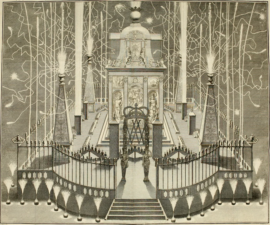 An illustration from Het juichend Friesland, ofte, Kort verhaal van de blyde inkomst van den alderdoorluchtigsten vorst en heere Willem Carel Hendrik Friso prince van Orange en Nassau ... ende haare koningklyke hoogheid Anna kroon-princesse van Engeland ... : met een beschryvinge van verscheidene keurlyke illuminatien, en de afbeelding van een kostelyk en konstig vuurwerk, 1734, leaf 45