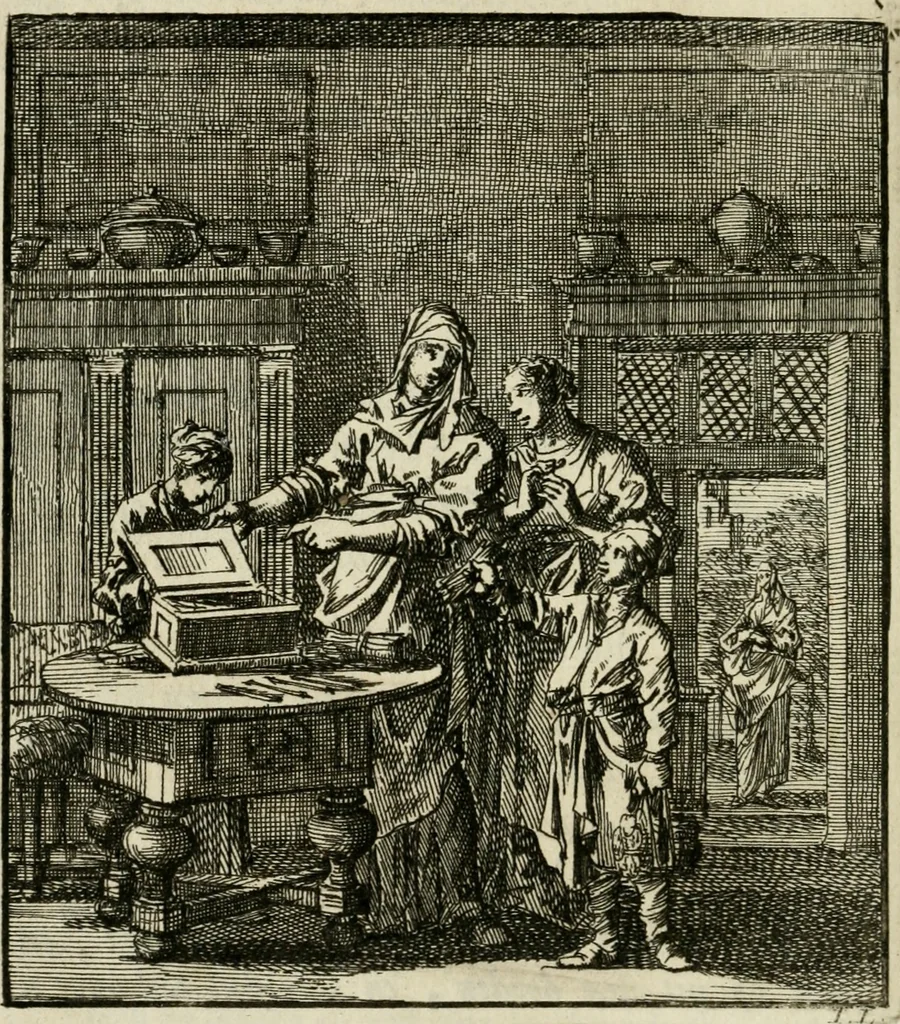 An illustration from Het leerzaam huisraad : vertoond in vyftig konstige figuuren, met godlyke spreuken en stichtelyke verzen, 1731, leaf 109