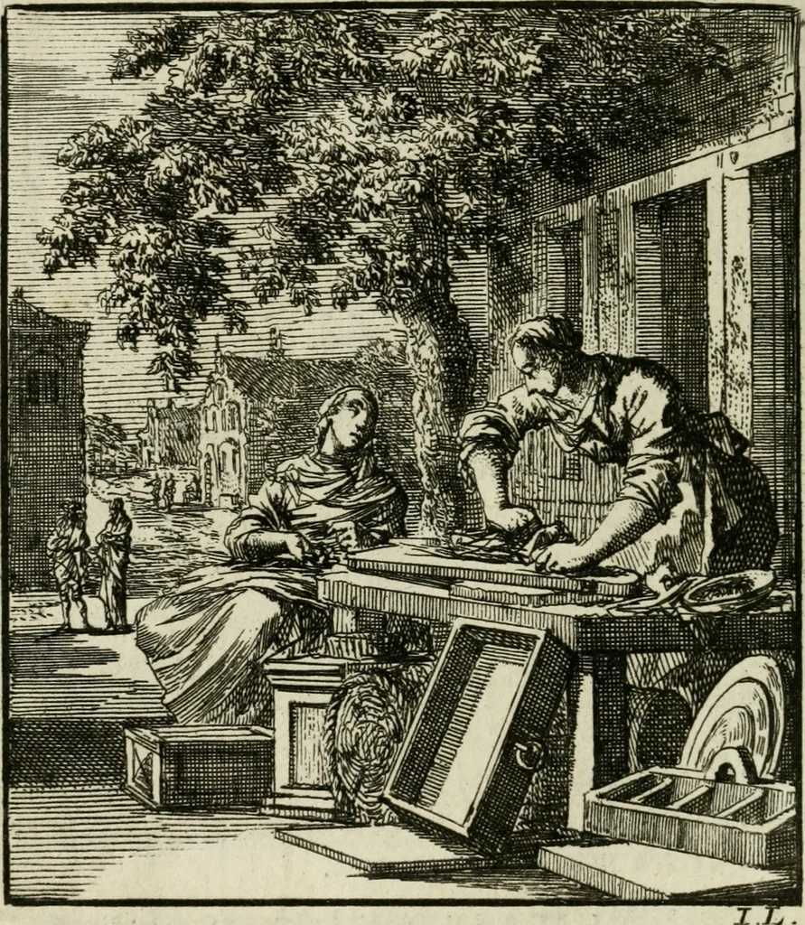 An illustration from Het leerzaam huisraad : vertoond in vyftig konstige figuuren, met godlyke spreuken en stichtelyke verzen, 1731, leaf 161