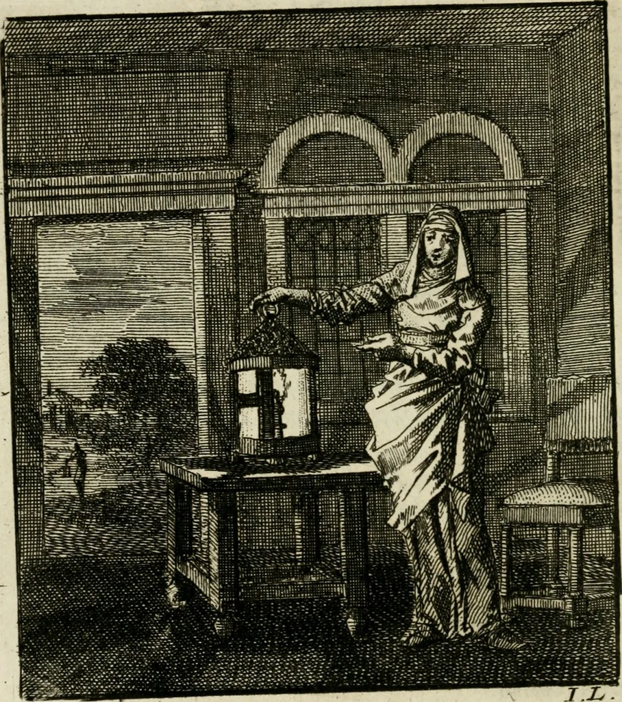 An illustration from Het leerzaam huisraad : vertoond in vyftig konstige figuuren, met godlyke spreuken en stichtelyke verzen, 1731, leaf 169