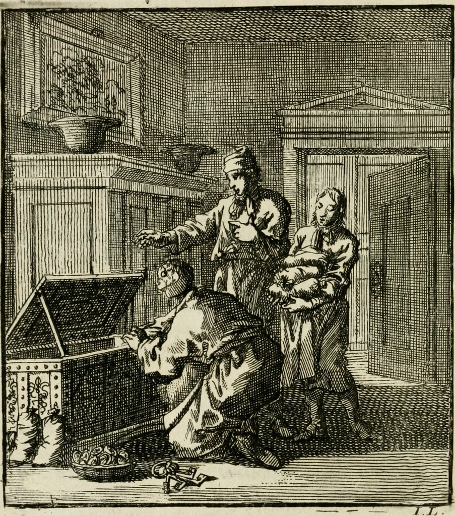 An illustration from Het leerzaam huisraad : vertoond in vyftig konstige figuuren, met godlyke spreuken en stichtelyke verzen, 1731, leaf 39