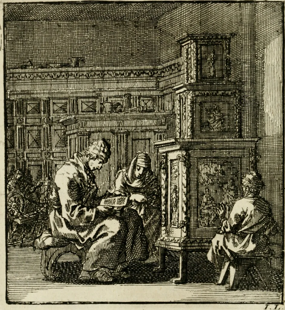An illustration from Het leerzaam huisraad : vertoond in vyftig konstige figuuren, met godlyke spreuken en stichtelyke verzen, 1731, leaf 43