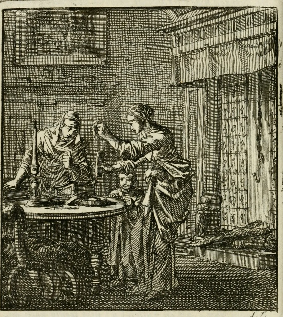 An illustration from Het leerzaam huisraad : vertoond in vyftig konstige figuuren, met godlyke spreuken en stichtelyke verzen, 1731, leaf 55