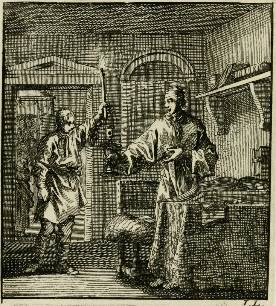 An illustration from Het leerzaam huisraad : vertoond in vyftig konstige figuuren, met godlyke spreuken en stichtelyke verzen, 1731, leaf 59
