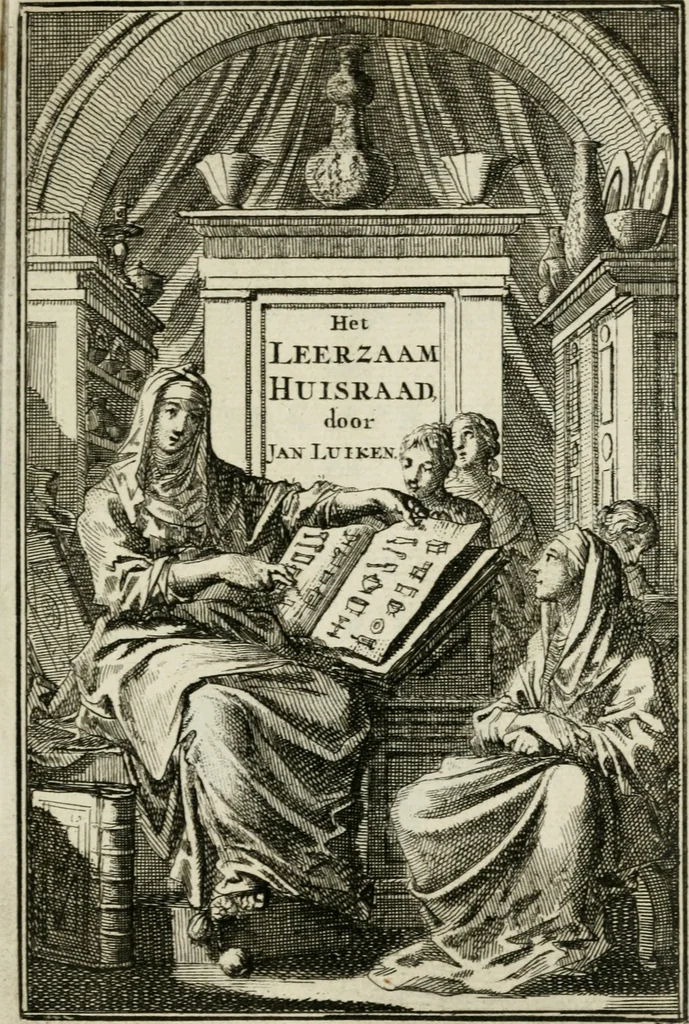 An illustration from Het leerzaam huisraad : vertoond in vyftig konstige figuuren, met godlyke spreuken en stichtelyke verzen, 1731, leaf 6