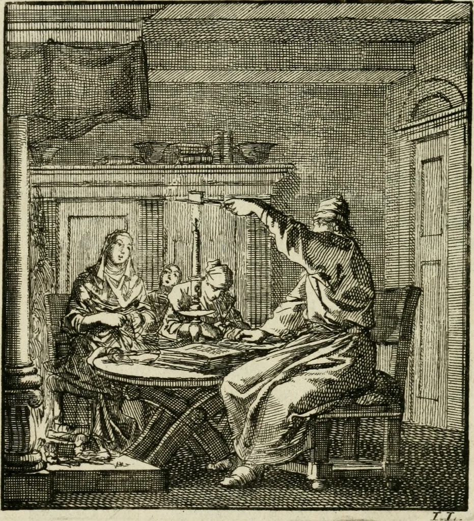 An illustration from Het leerzaam huisraad : vertoond in vyftig konstige figuuren, met godlyke spreuken en stichtelyke verzen, 1731, leaf 63