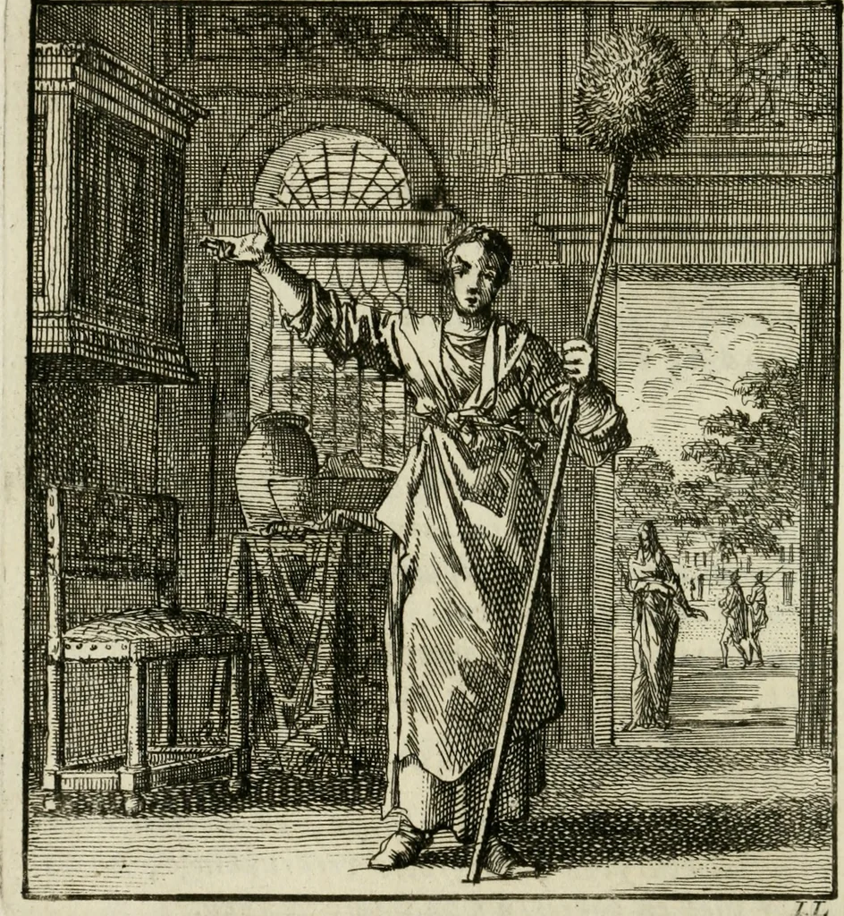 An illustration from Het leerzaam huisraad : vertoond in vyftig konstige figuuren, met godlyke spreuken en stichtelyke verzen, 1731, leaf 91