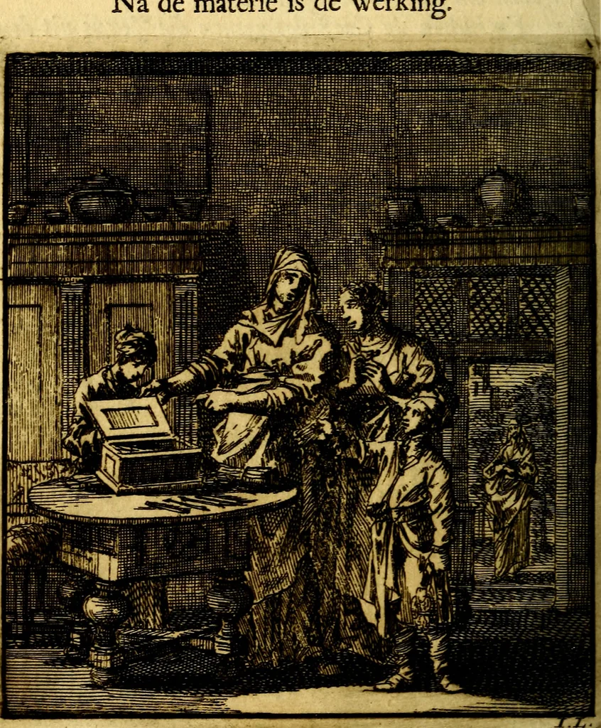 An illustration from Het leezaam huisraad, vertoond in vyftig konstige figuuren, met godlyke spruken en stichtelyke verzen, 1711, leaf 109